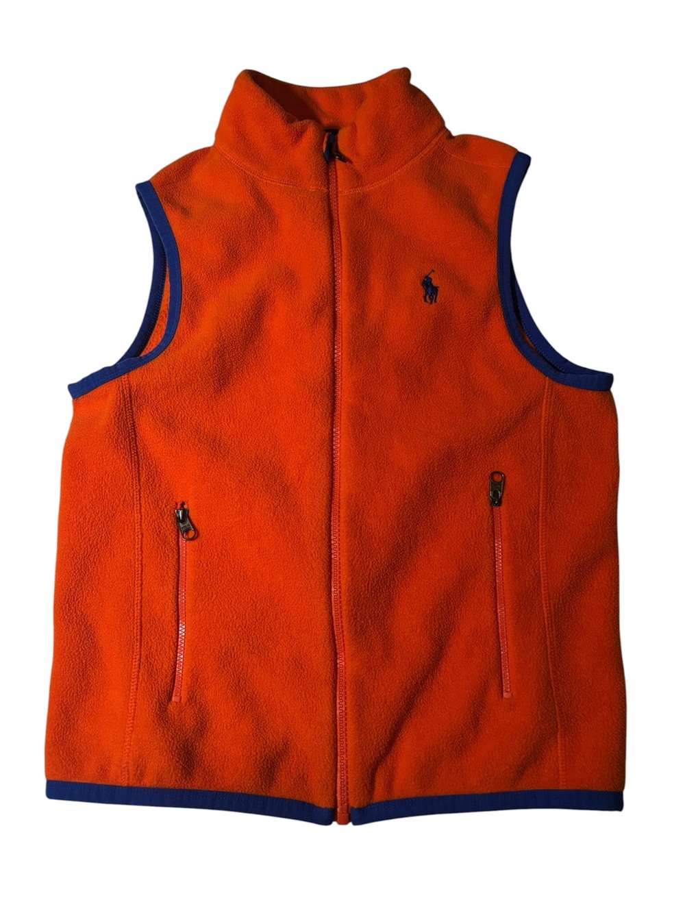 Polo Ralph Lauren Boys Fleece Vest Orange Blue Full Zip Pony Logo Size M 10-12